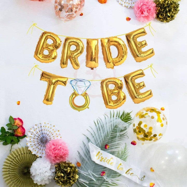 Set Baloane din Folie Metalizata, Flippy, Model Bride to Be cu Inel de Logodna, Litere de 40 cm, Baloane Party, Ambalaj