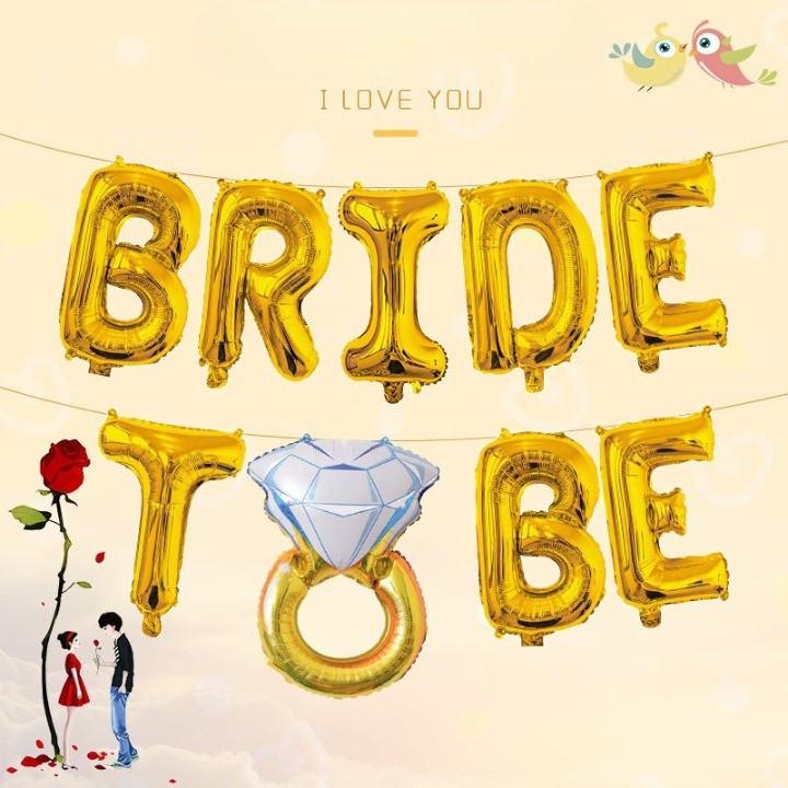 Set Baloane din Folie Metalizata, Flippy, Model Bride to Be cu Inel de Logodna, Litere de 40 cm, Baloane Party, Ambalaj
