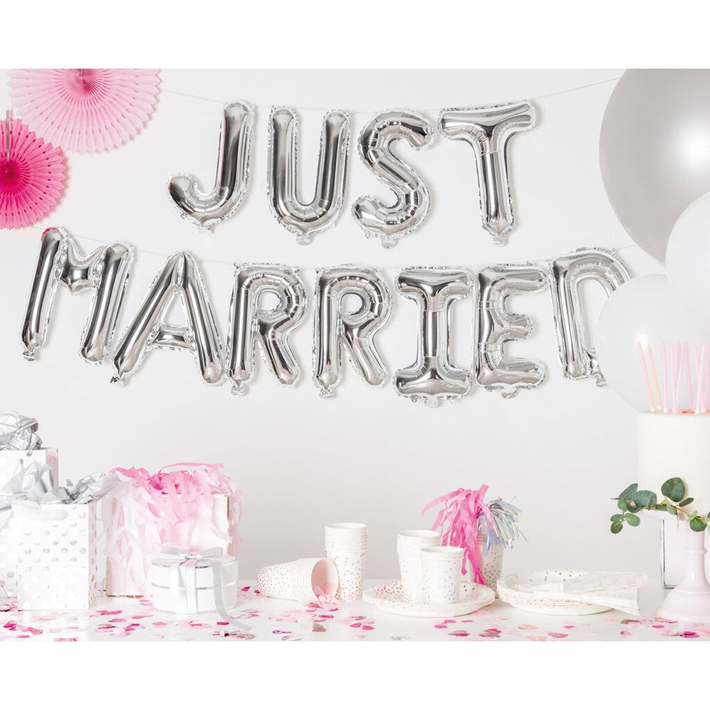 Set Baloane din Folie Metalizata, Flippy, Figurine Litere, Model Just Married, Tema Nunta, 40 cm, Baloane Party,