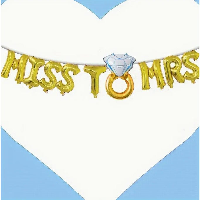 Set Baloane din Folie Metalizata, Flippy, Model Miss to Mrs cu Inel de Logodna, Litere de 40 cm, Tema Iubire, Baloane