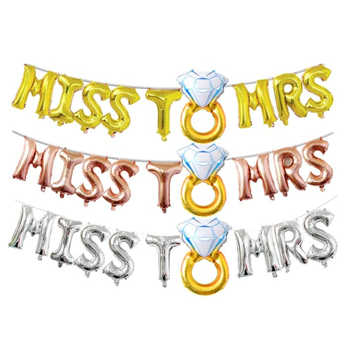 Set Baloane din Folie Metalizata, Flippy, Model Miss to Mrs cu Inel de Logodna, Litere de 40 cm, Tema Iubire, Baloane