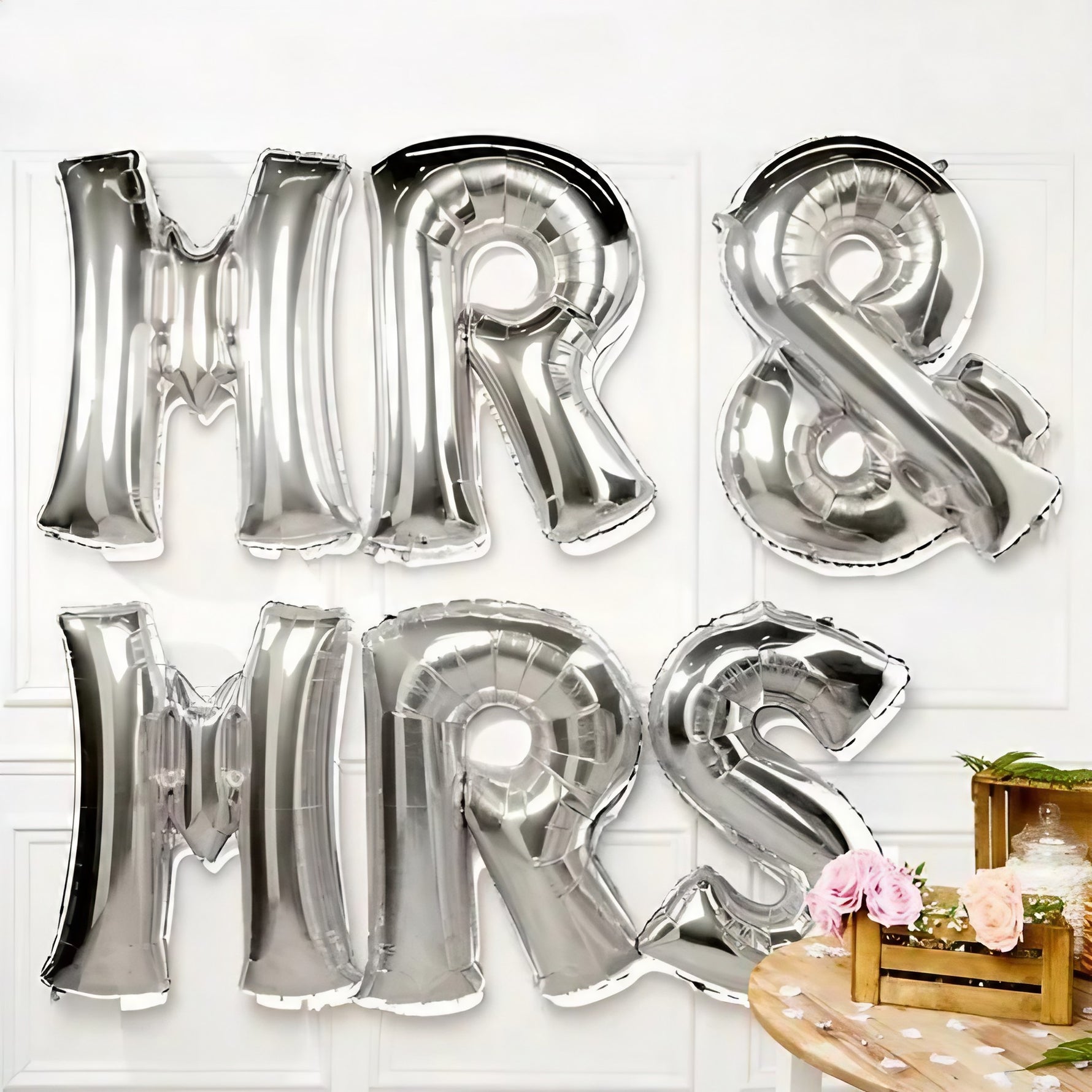 Set Baloane din Folie Metalizata, Flippy, Figurine Litere, Model MR&MRS, Tema Nunta, 40 cm, Baloane Party, Ambalaj
