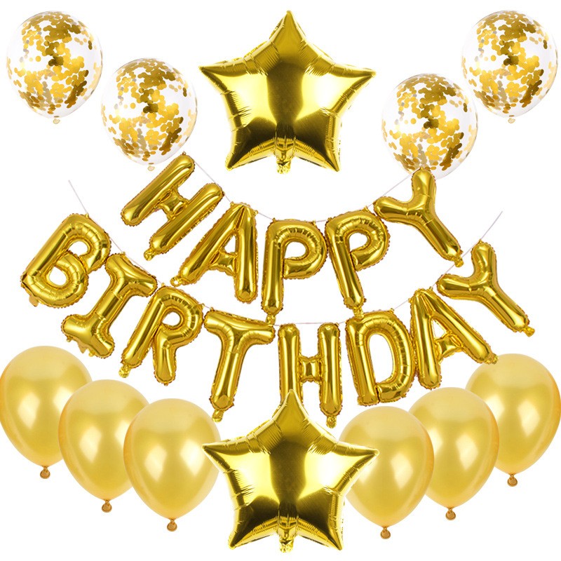 Set baloane din folie metalizata si baloane din latex, baloane HAPPY BIRTHDAY, 4 baloane latex Confetti, 6 baloane