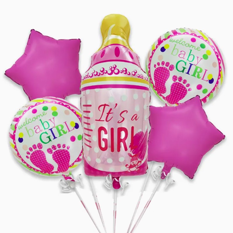 Baloane decorative GENDER REVEAL PARTY, Flippy, Figurina Sticluta, Model IT'S A GIRL, Set din 5 baloane, 40 x 77 cm,