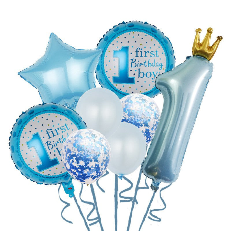 Set 8 Baloane din Folie Metalizată si din Latex, Flippy, Figurine Cifra 1 Printesa 91cm, Stea 45 cm si Cerc 55 cm,