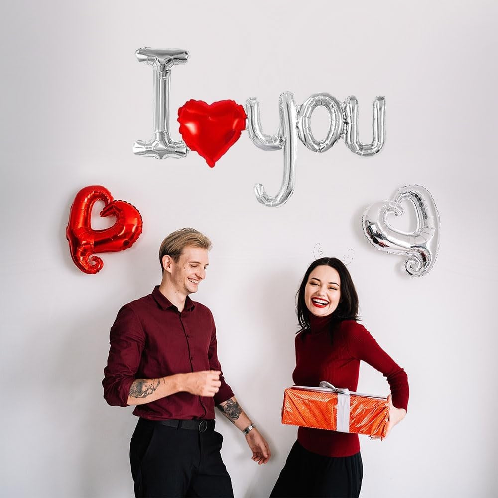 Balon din Folie Metalizata, Figurine Litere si Inima, Model I Love You, Tema Ziua Indragostitilor, 54x97 cm, Ambalaj