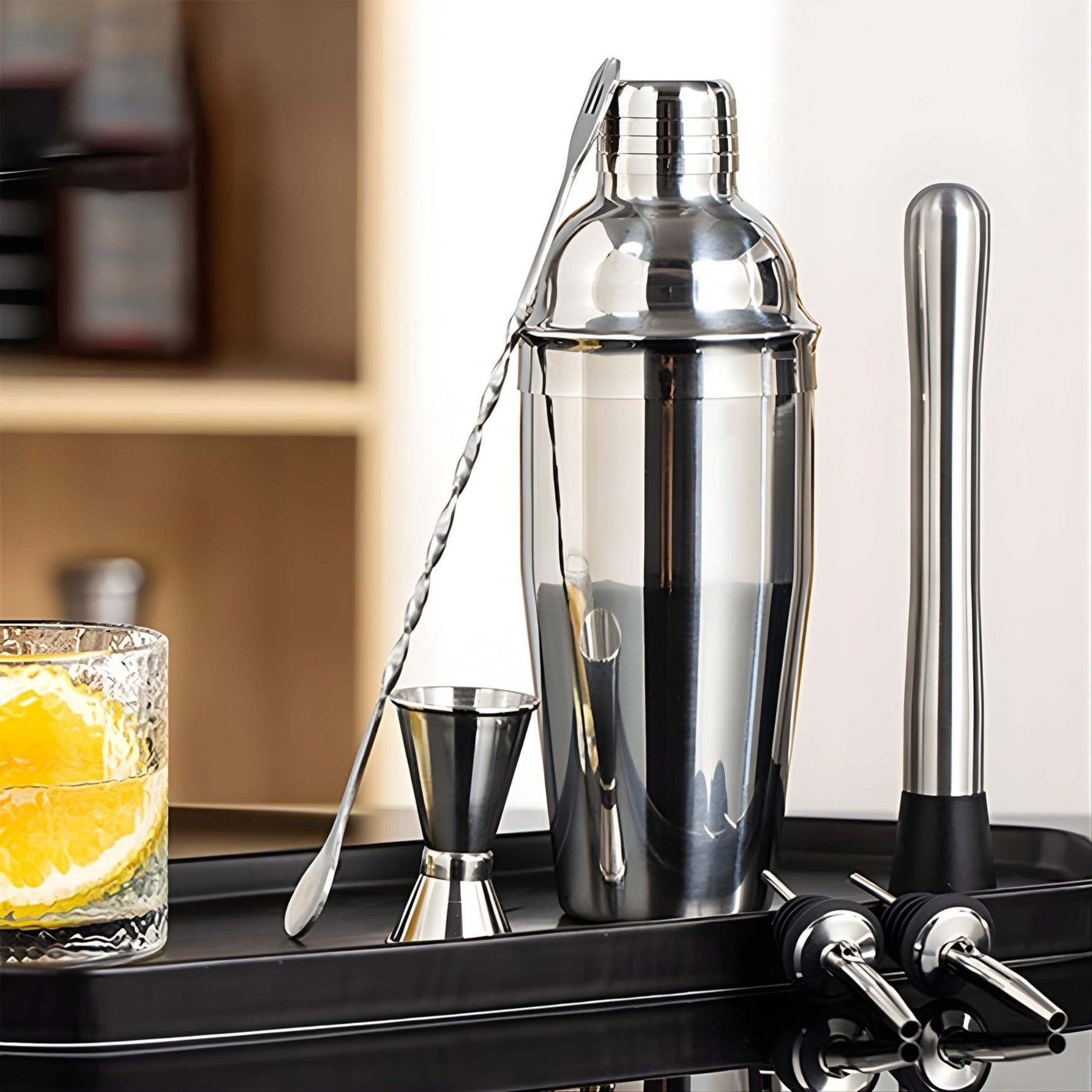 Set Barman Preparare Cocktail,Flippy, 6 Piese, Inox, Argintiu, Kit Accesorii Bar si Mixologie: Shaker750ml, Masura