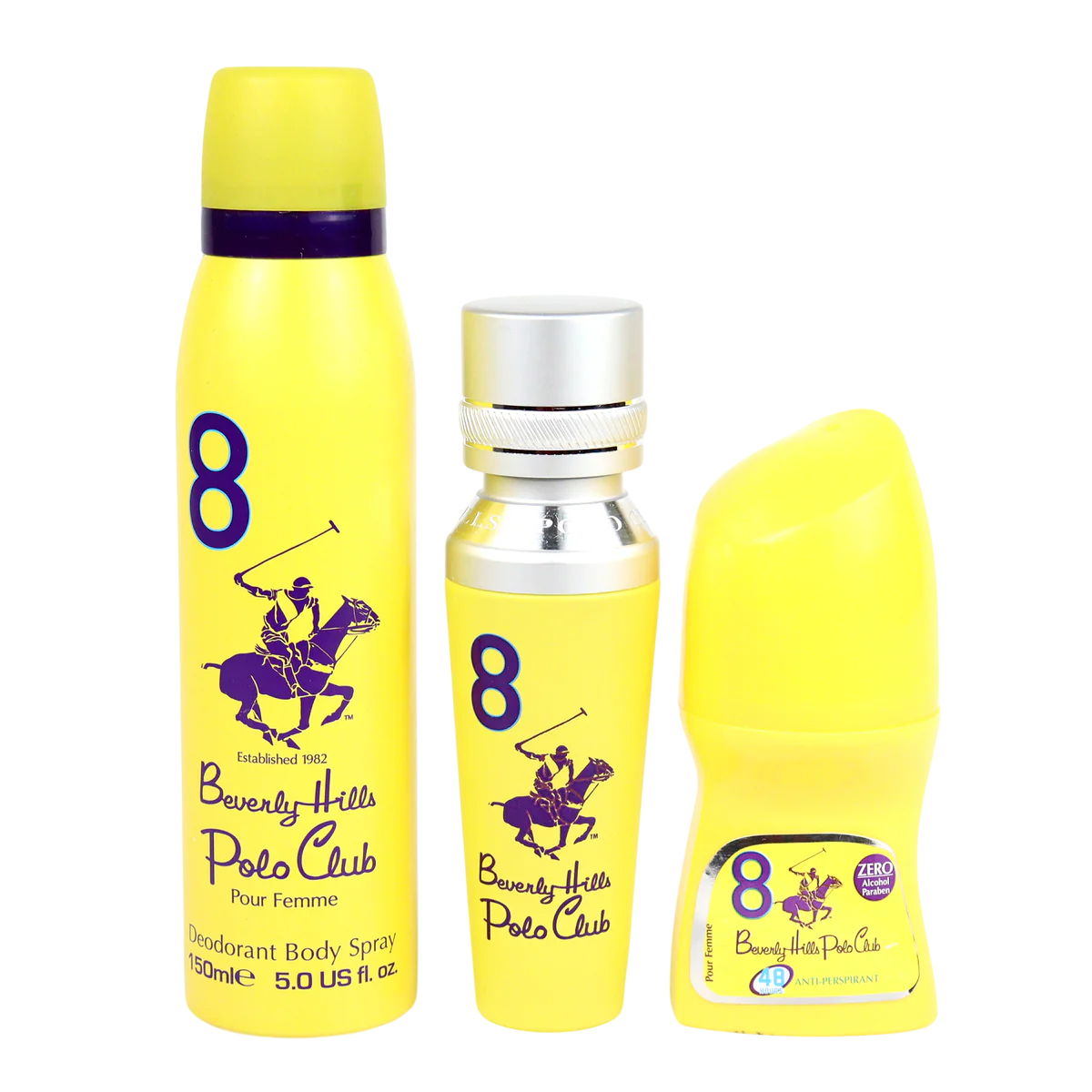 Set Beverly Hills Polo Club: 1982 - Sport 8, Eau De Parfum, For Women, 50 ml + 1982 - Sport 8, Freshness, Body Spray, 150 ml + No.8, Anti-Perspirant, Deodorant Roll-On, For Women, 50 ml - Olmarkt