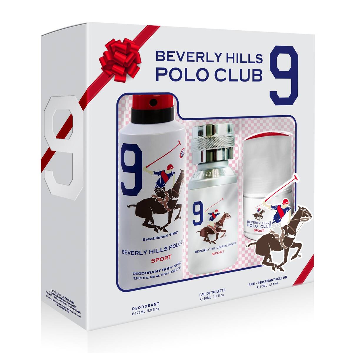 Set Beverly Hills Polo Club: 1982 - Sport 9, Eau De Toilette, For Men, 50 ml + 1982 - Sport 9, Anti-Perspirant, Deodorant Spray, For Men, 175 ml + 1982 - Sport 9, Anti-Perspirant, Deodorant Roll-On, For Men, 50 ml - Olmarkt