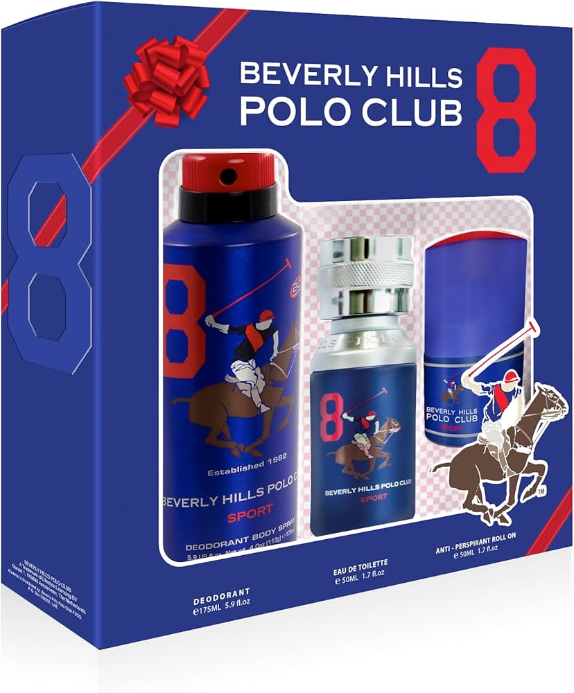 Set Beverly Hills Polo Club: 1982 - Sport 8, Eau De Toilette, For Men, 50 ml + 1982 - Sport 8, Anti-Perspirant, Deodorant Spray, For Men, 175 ml + 1982 - Sport 8, Anti-Perspirant, Deodorant Roll-On, For Men, 50 ml - Olmarkt