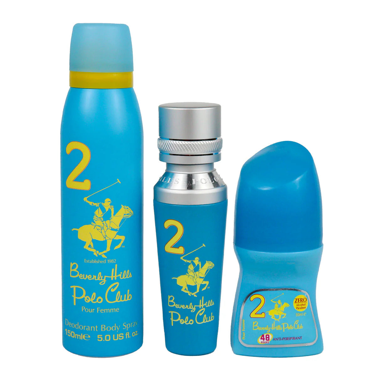 Set Beverly Hills Polo Club: No. 2, Eau De Parfum, For Women, 50 ml + No. 2, Anti-Perspirant, Deodorant Roll-On, For Women, 50 ml + 1982 - Sport 2, Freshness, Body Spray, 150 ml - Olmarkt