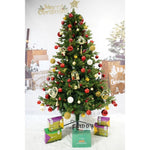 Set brad artificial de Craciun si elemente decorative, decorat cu conuri pin rosii, inaltime 210 cm, diametru 137 cm,
