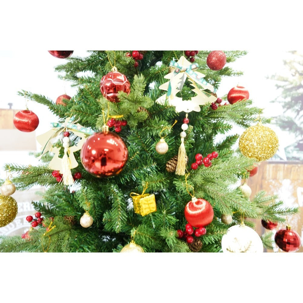 Set brad artificial de Craciun si elemente decorative, decorat cu conuri pin rosii, inaltime 210 cm, diametru 137 cm,