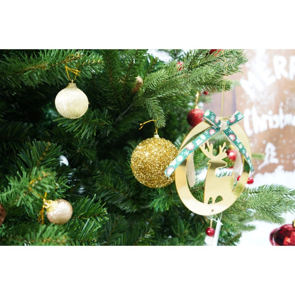 Set brad artificial de Craciun si elemente decorative, decorat cu conuri pin rosii, inaltime 210 cm, diametru 137 cm,