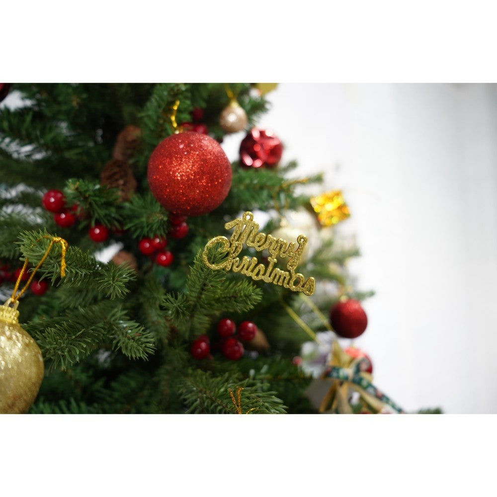 Set brad artificial de Craciun si elemente decorative, decorat cu conuri pin rosii, inaltime 210 cm, diametru 137 cm,