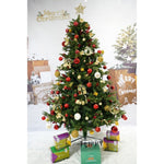 Set brad artificial de Craciun si elemente decorative, decorat cu conuri pin rosii, inaltime 210 cm, diametru 137 cm,