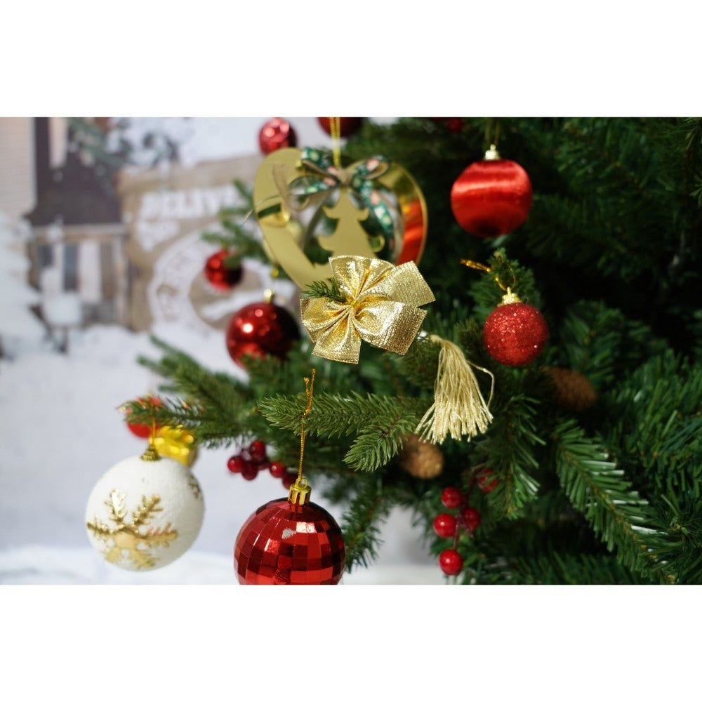 Set brad artificial de Craciun si elemente decorative, decorat cu conuri pin rosii, inaltime 210 cm, diametru 137 cm,