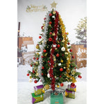 Set brad artificial de Craciun si elemente decorative, decorat cu conuri pin rosii, inaltime 210 cm, diametru 137 cm,