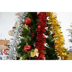 Set brad artificial de Craciun si elemente decorative, decorat cu conuri pin rosii, inaltime 210 cm, diametru 137 cm,