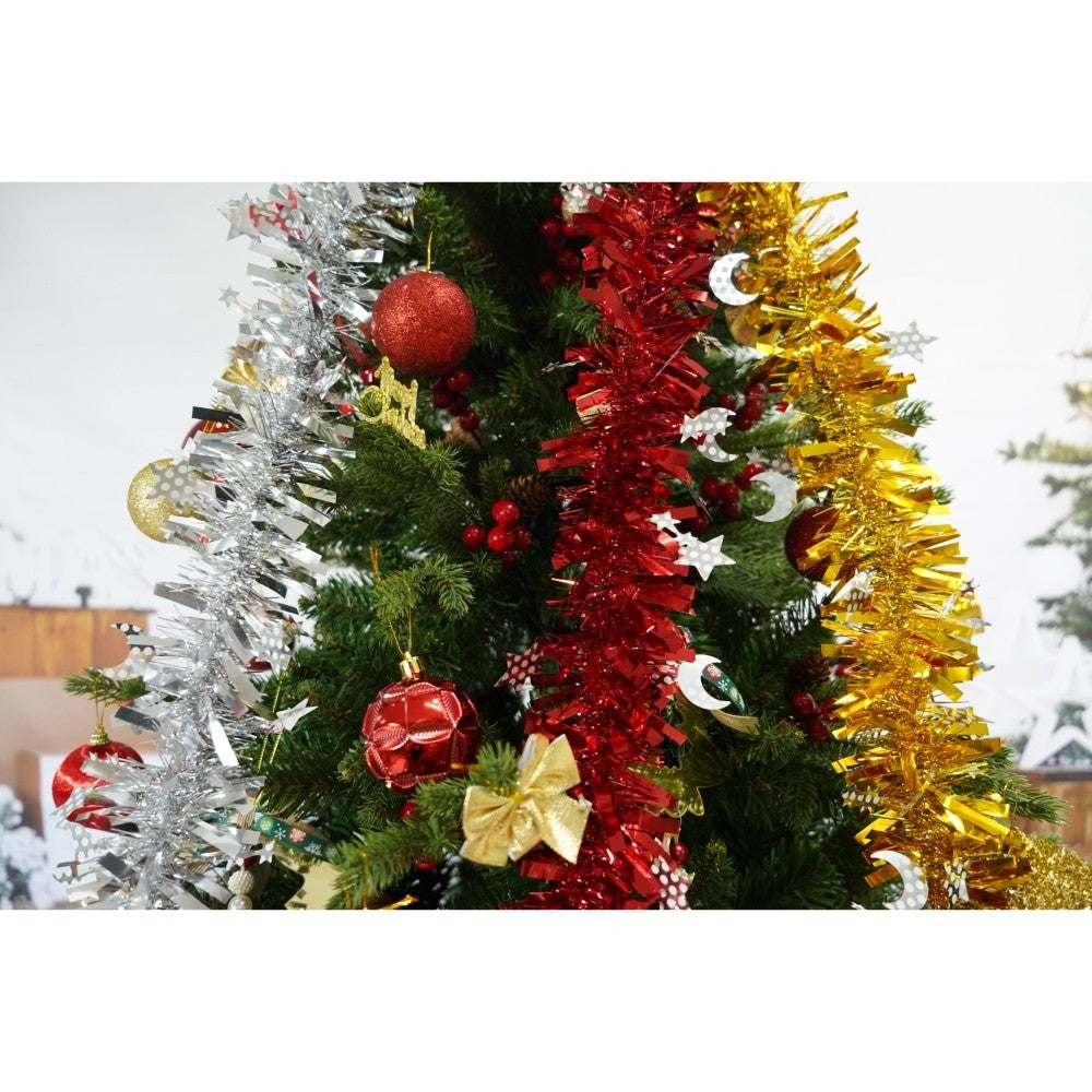Set brad artificial de Craciun si elemente decorative, decorat cu conuri pin rosii, inaltime 210 cm, diametru 137 cm,