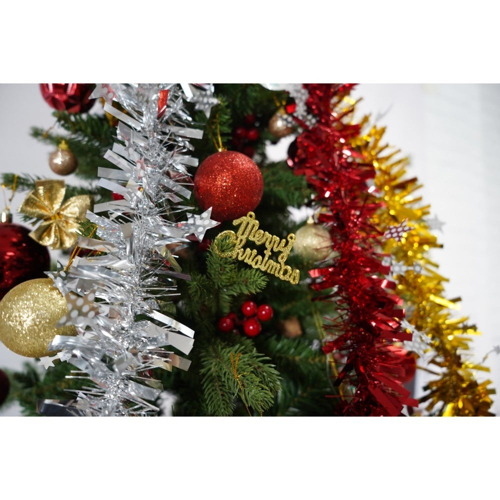 Set brad artificial de Craciun si elemente decorative, decorat cu conuri pin rosii, inaltime 210 cm, diametru 137 cm,