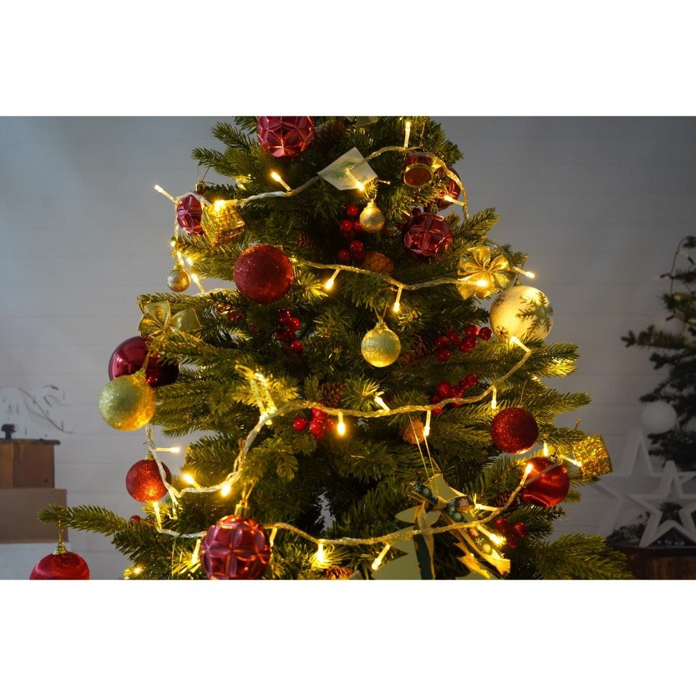Set brad artificial de Craciun si elemente decorative, decorat cu conuri pin rosii, inaltime 210 cm, diametru 137 cm,