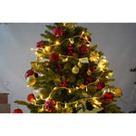 Set brad artificial de Craciun si elemente decorative, decorat cu conuri pin rosii, inaltime 210 cm, diametru 137 cm,