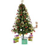 Set brad artificial de Craciun si elemente decorative, decorat cu conuri pin rosii, inaltime 210 cm, diametru 137 cm,