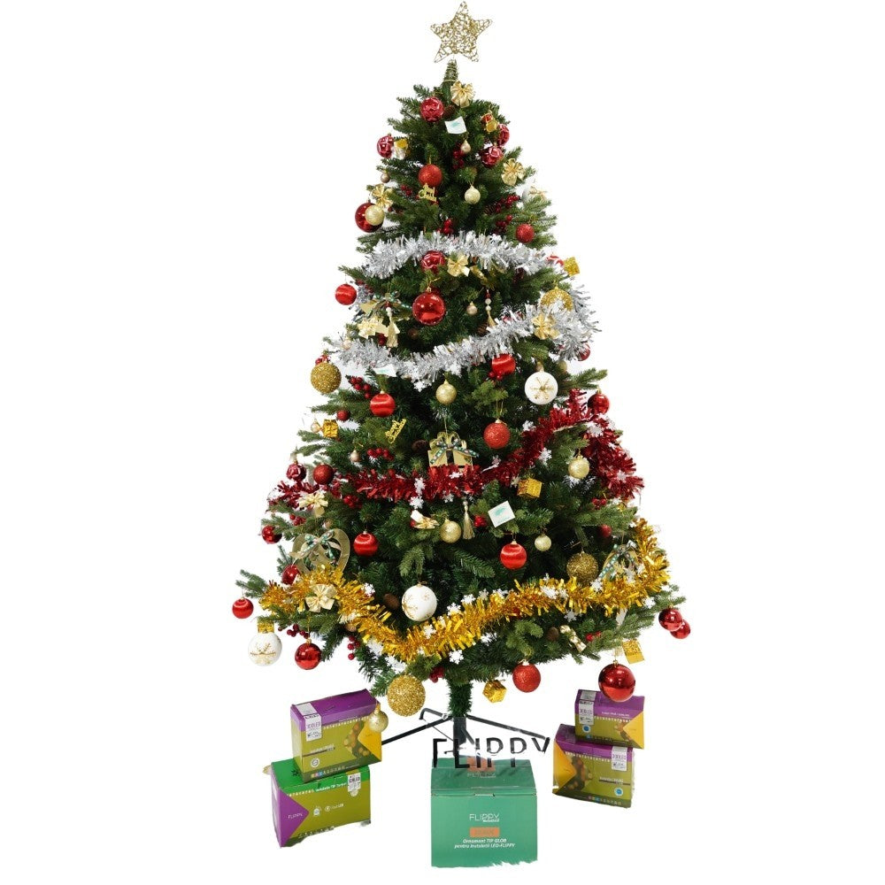 Set brad artificial de Craciun si elemente decorative, decorat cu conuri pin rosii, inaltime 210 cm, diametru 137 cm,