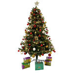 Set brad artificial de Craciun si elemente decorative, decorat cu conuri pin rosii, inaltime 210 cm, diametru 137 cm,