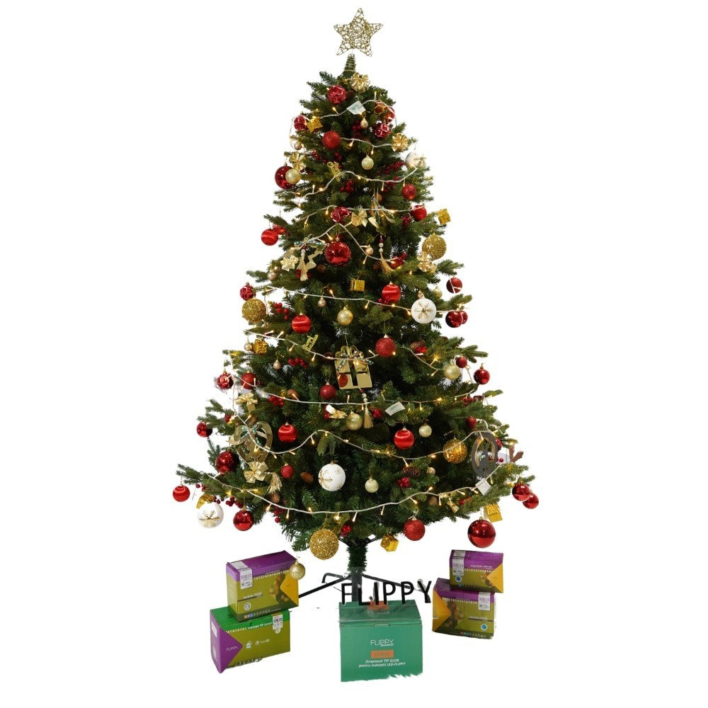 Set brad artificial de Craciun si elemente decorative, decorat cu conuri pin rosii, inaltime 210 cm, diametru 137 cm,
