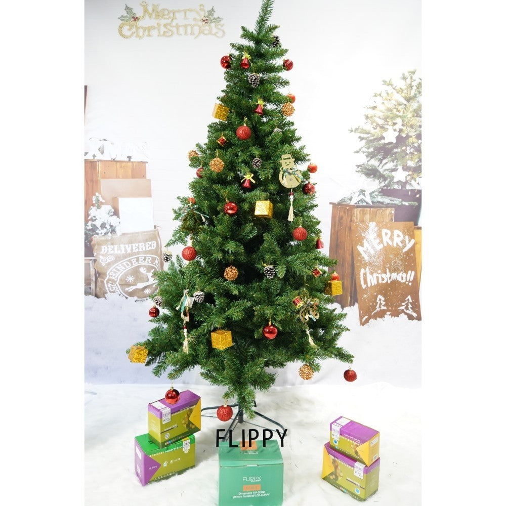 Set brad artificial de Craciun si elemente decorative, nins, decorat cu conuri pin, pentru interior/exterior, inaltime