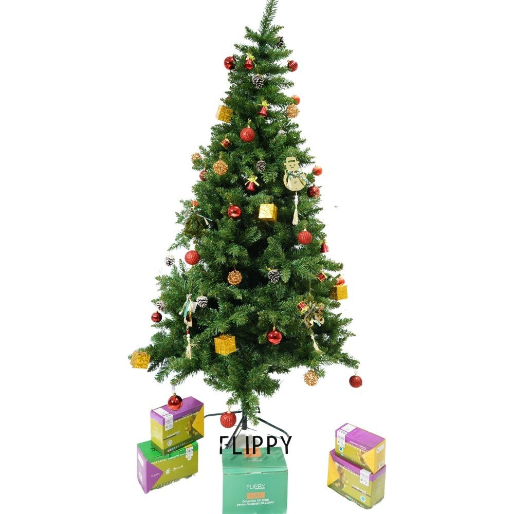Set brad artificial de Craciun si elemente decorative, nins, decorat cu conuri pin, pentru interior/exterior, inaltime