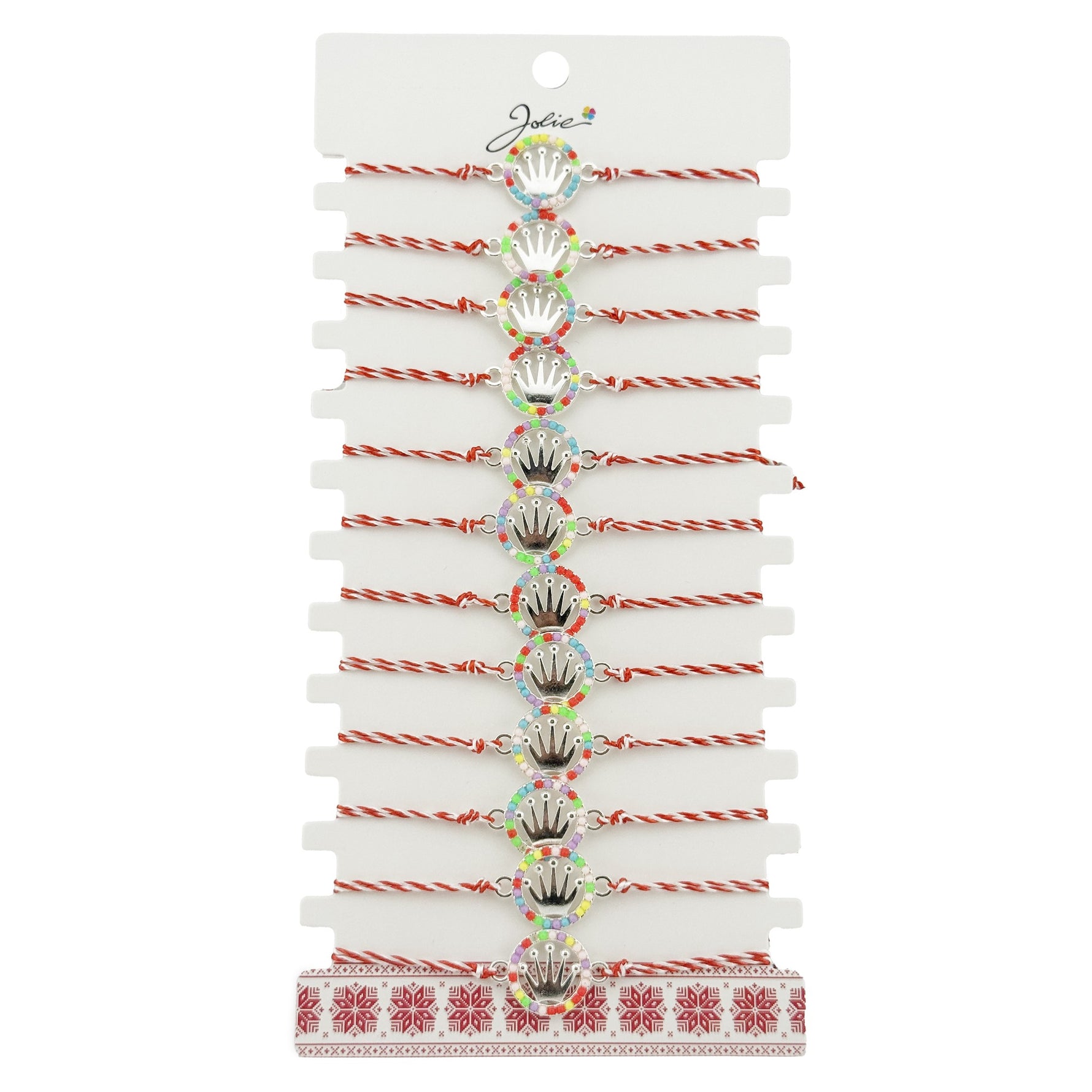 Bratara Martisor pentru Dama, Jolie, Model Coroana, Set 12 bucati, Pandativ Argintiu din Inox cu Elemente Multicolore,