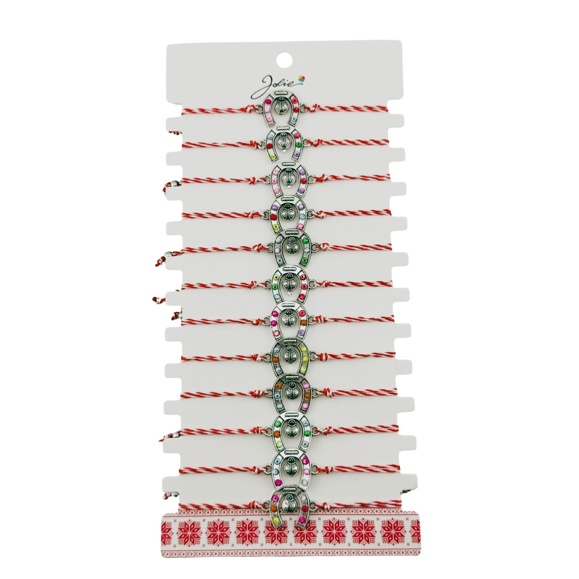Bratara Martisor pentru Dama, Jolie, Model Potcoava, Set 12 bucati, Pandativ Argintiu din Inox cu Snur Alb-Rosu