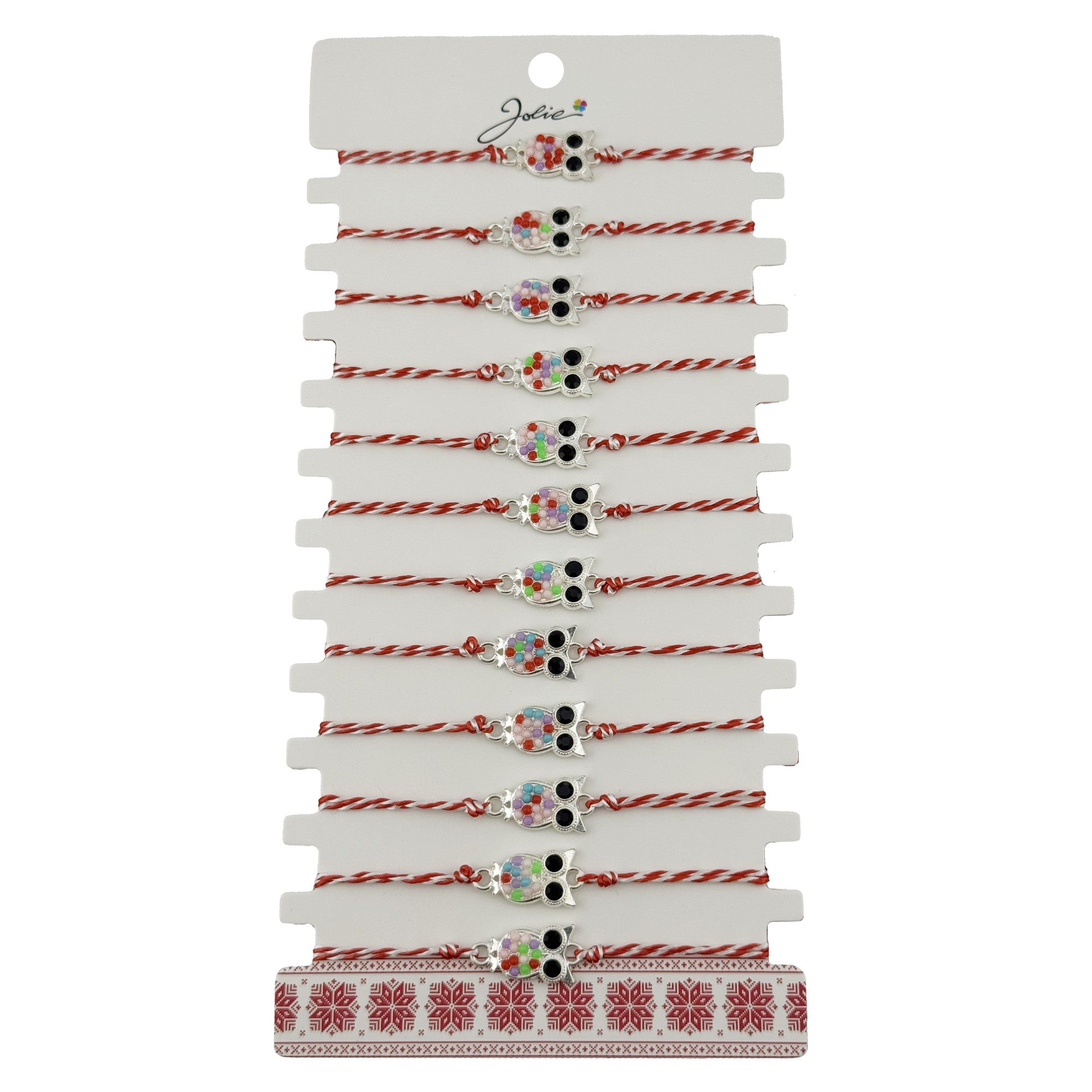 Bratara Martisor pentru Dama, Jolie, Model Bufnita, Set 12 bucati, Pandativ Argintiu din Inox cu Elemente Multicolore,