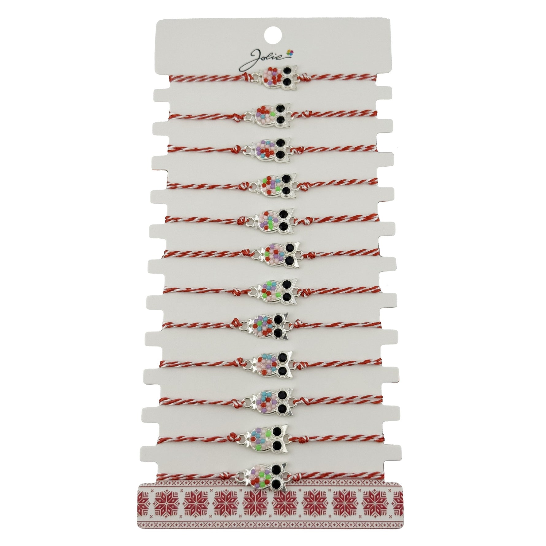 Bratara Martisor pentru Dama, Jolie, Model Bufnita, Set 12 bucati, Pandativ Argintiu din Inox cu Elemente Multicolore,