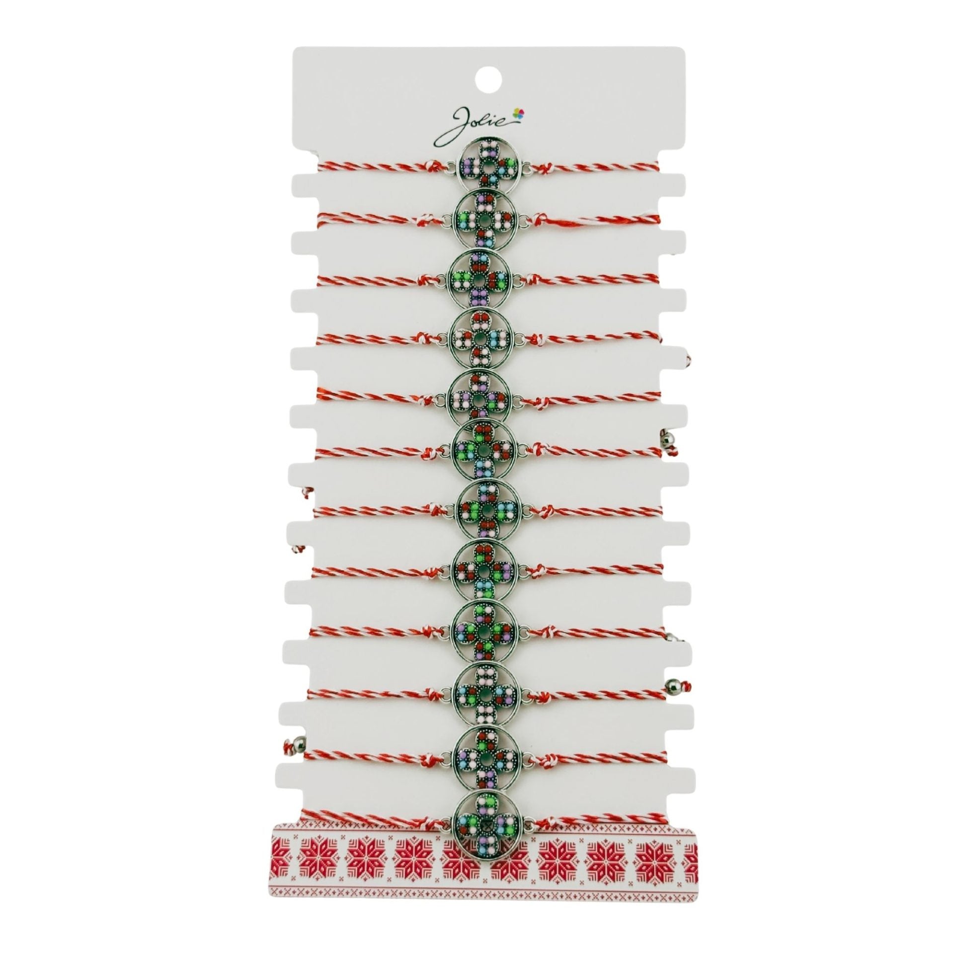 Bratara Martisor pentru Dama, Jolie, Model Floare, Set 12 bucati, Pandativ Argintiu din Inox cu Snur Alb-Rosu Ajustabil