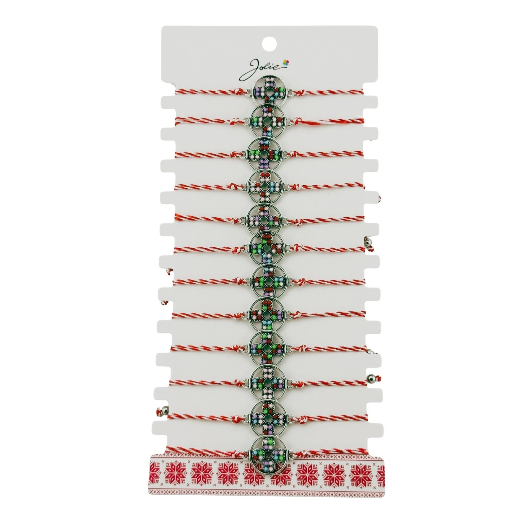 Bratara Martisor pentru Dama, Jolie, Model Floare, Set 12 bucati, Pandativ Argintiu din Inox cu Snur Alb-Rosu Ajustabil