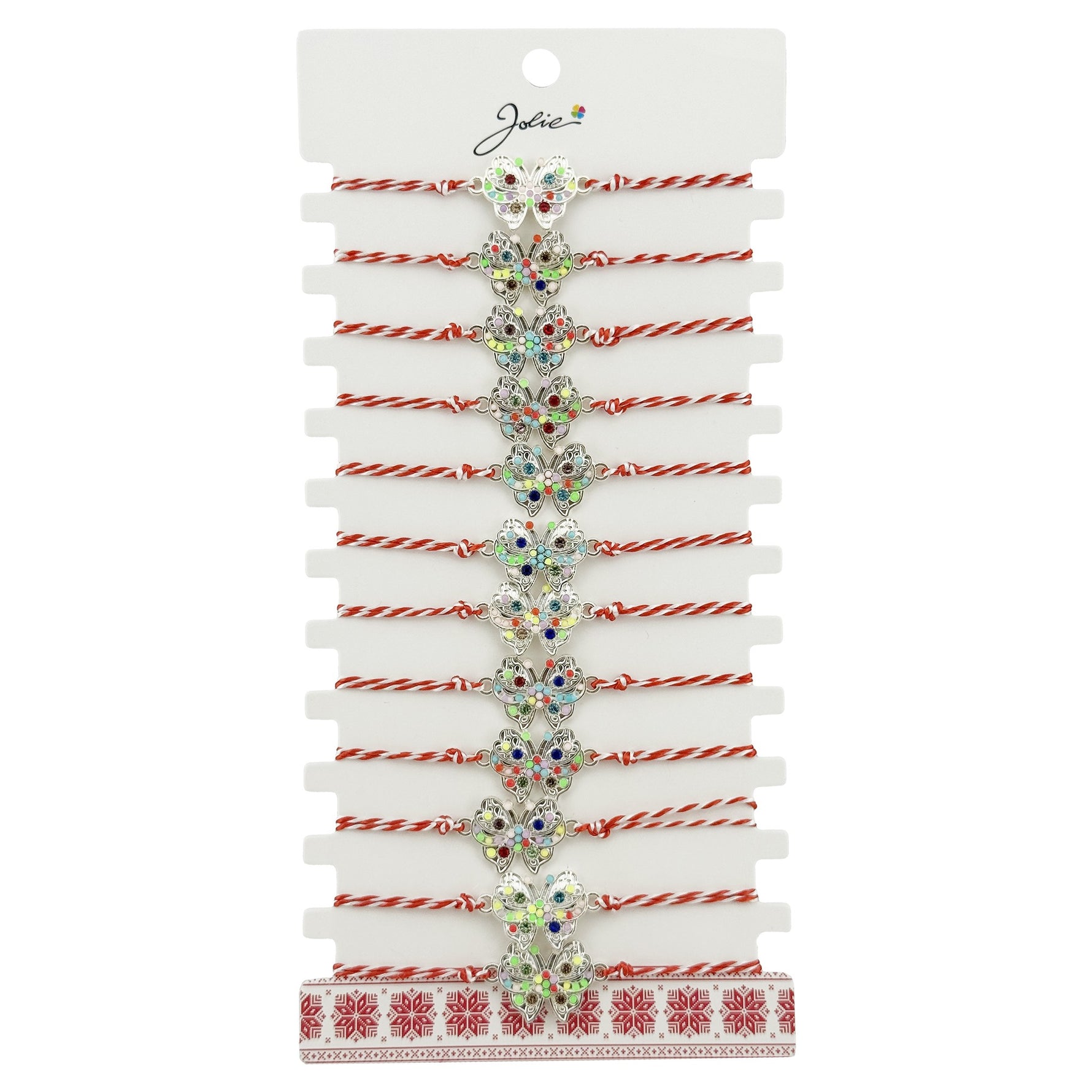 Bratara Martisor pentru Dama, Jolie, Model Fluture Multicolor, Set 12 bucati, Pandativ Argintiu din Inox cu Elemente