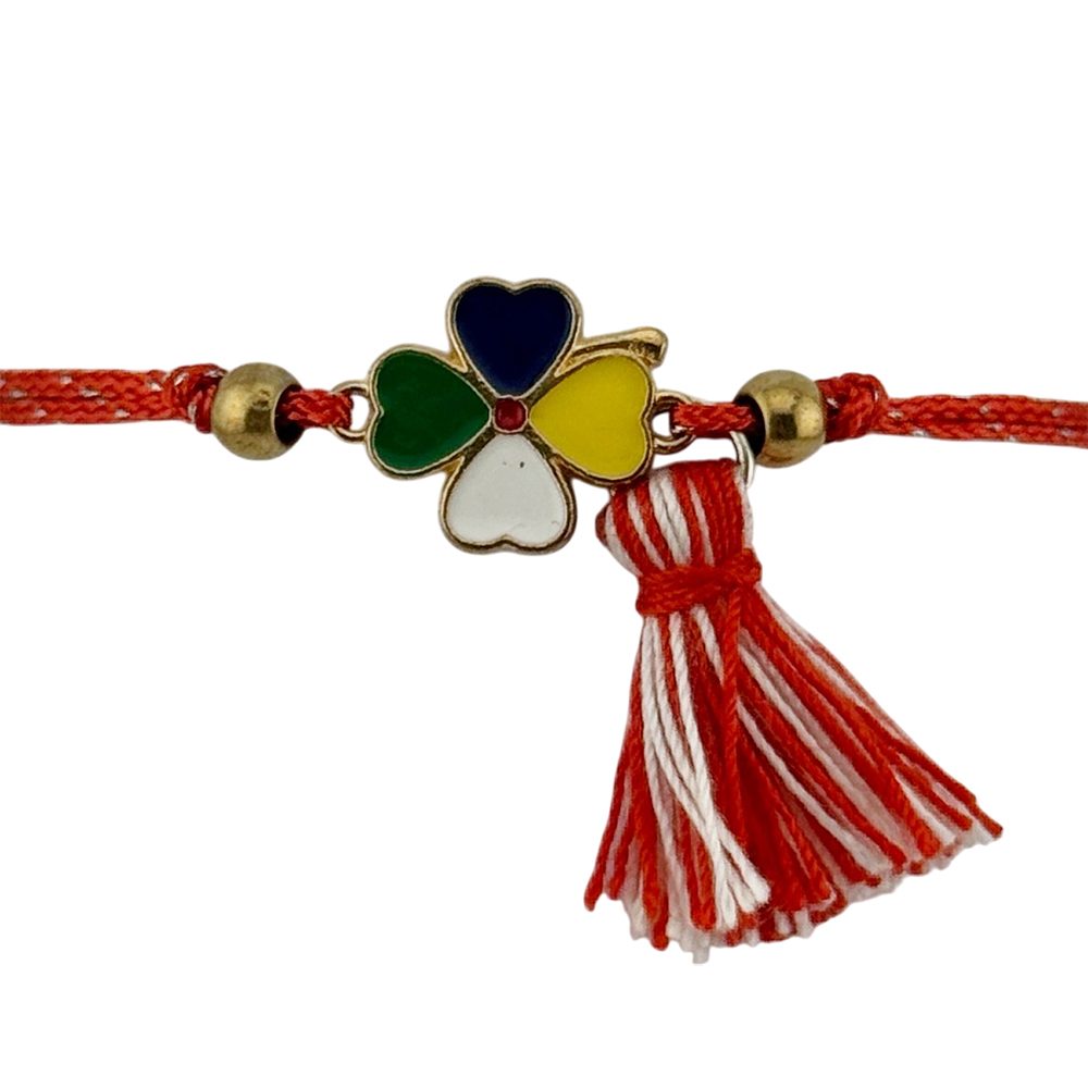Martisor Bratara cu Ciucure pentru Dama, Jolie, Model Trifoi Colorat, Set 12 bucati, Pandativ din Inox, Snur Reglabil,
