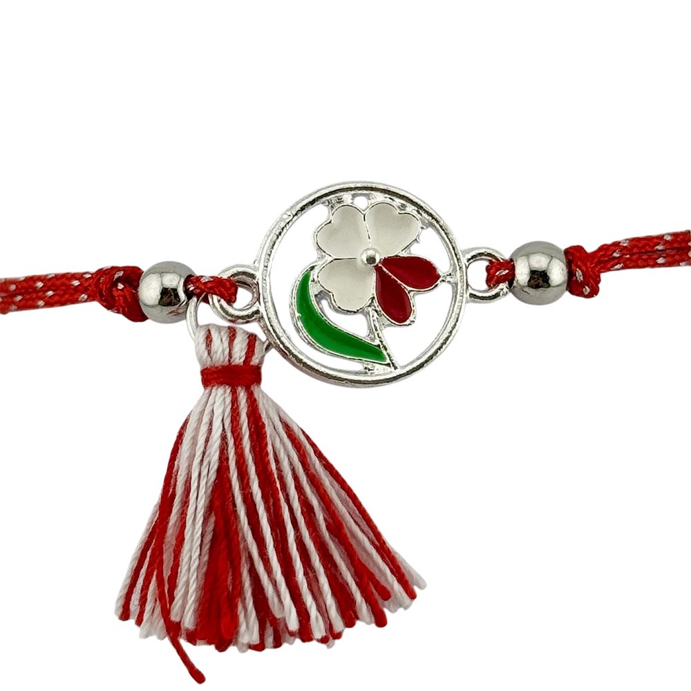 Martisor Bratara cu Ciucure pentru Dama, Jolie, Model Floare Alba, Set 12 bucati, Pandativ din Inox, Snur Reglabil,