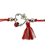Martisor Bratara cu Ciucure pentru Dama, Jolie, Model Inima cu Floare Alba, Set 12 bucati, Pandativ din Inox cu Piatra,