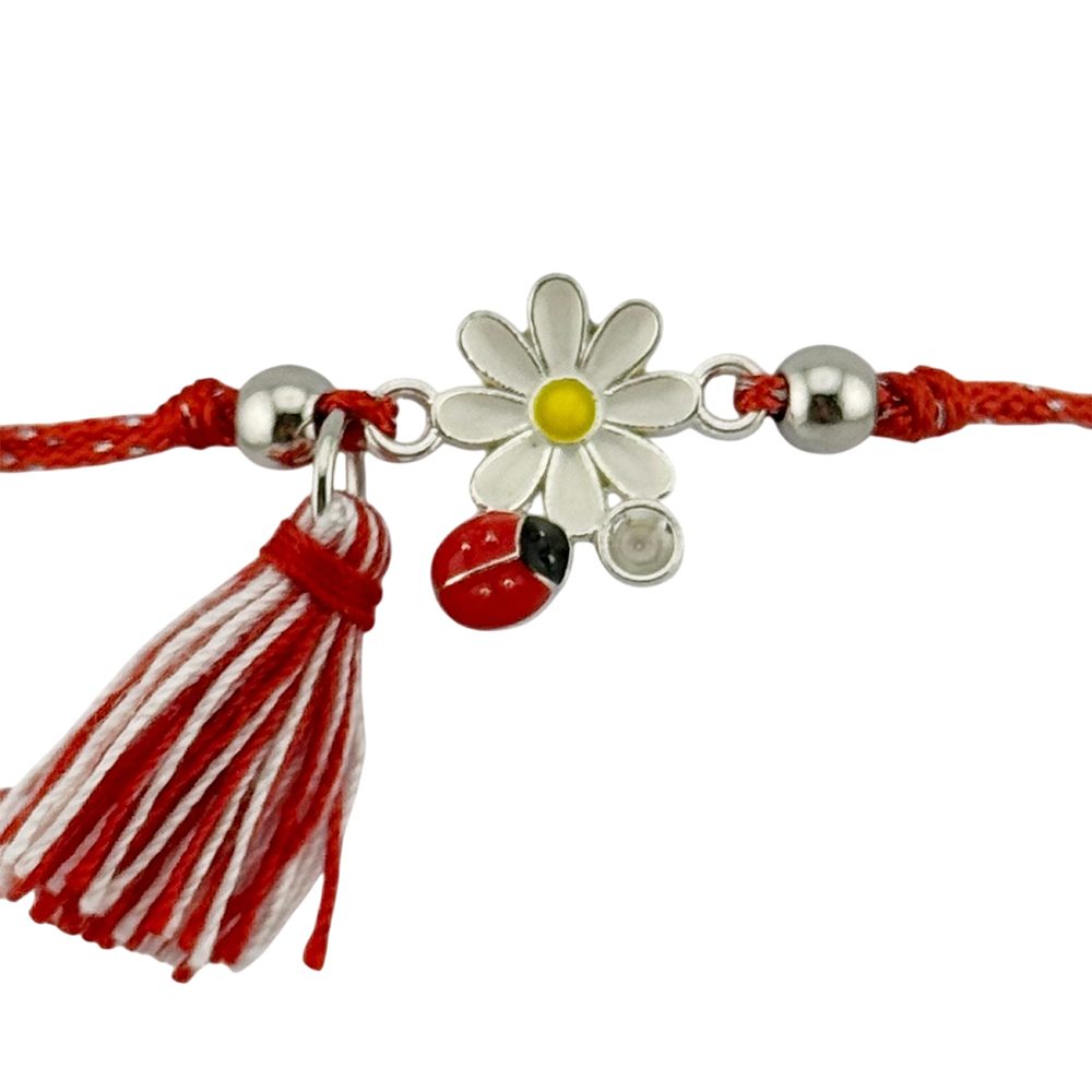 Martisor Bratara cu Ciucure pentru Dama, Jolie, Model Margareta cu Buburuza, Set 12 bucati, Pandativ din Inox, Snur
