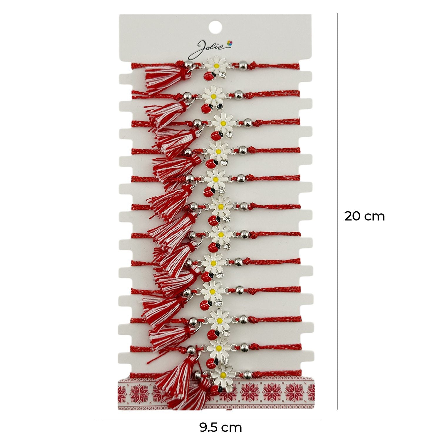 Martisor Bratara cu Ciucure pentru Dama, Jolie, Model Margareta cu Buburuza, Set 12 bucati, Pandativ din Inox, Snur
