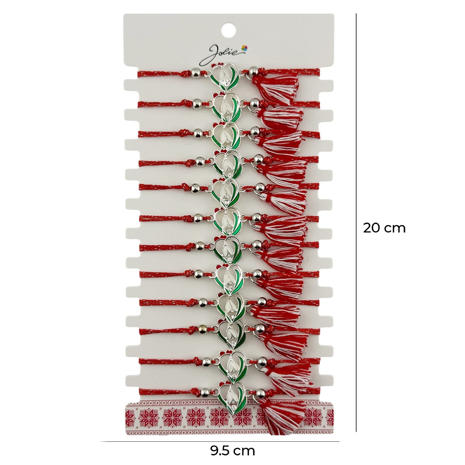 Martisor Bratara cu Ciucure pentru Dama, Jolie, Model Inima cu Ghiocel, Set 12 bucati, Pandativ din Inox, Snur