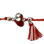 Martisor Bratara cu Ciucure pentru Dama, Jolie, Model Doua Inimi, Set 12 bucati, Pandativ din Inox cu Piatra, Snur