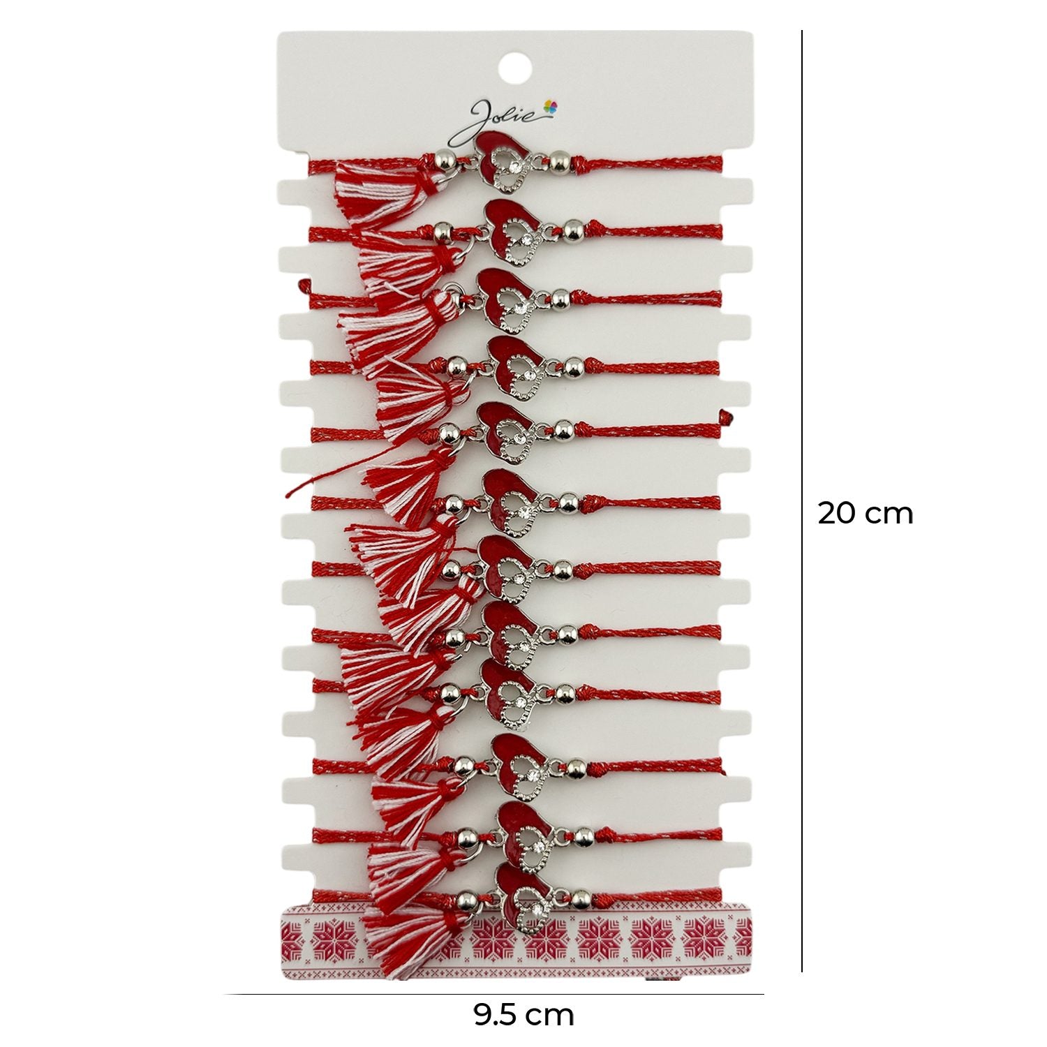 Martisor Bratara cu Ciucure pentru Dama, Jolie, Model Doua Inimi, Set 12 bucati, Pandativ din Inox cu Piatra, Snur