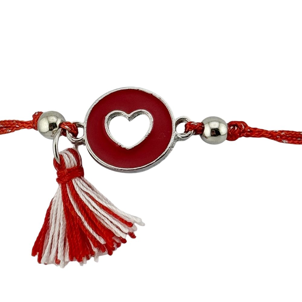 Martisor Bratara cu Ciucure pentru Dama, Jolie, Model Cerc cu Inima, Set 12 bucati, Pandativ din Inox, Snur Reglabil,