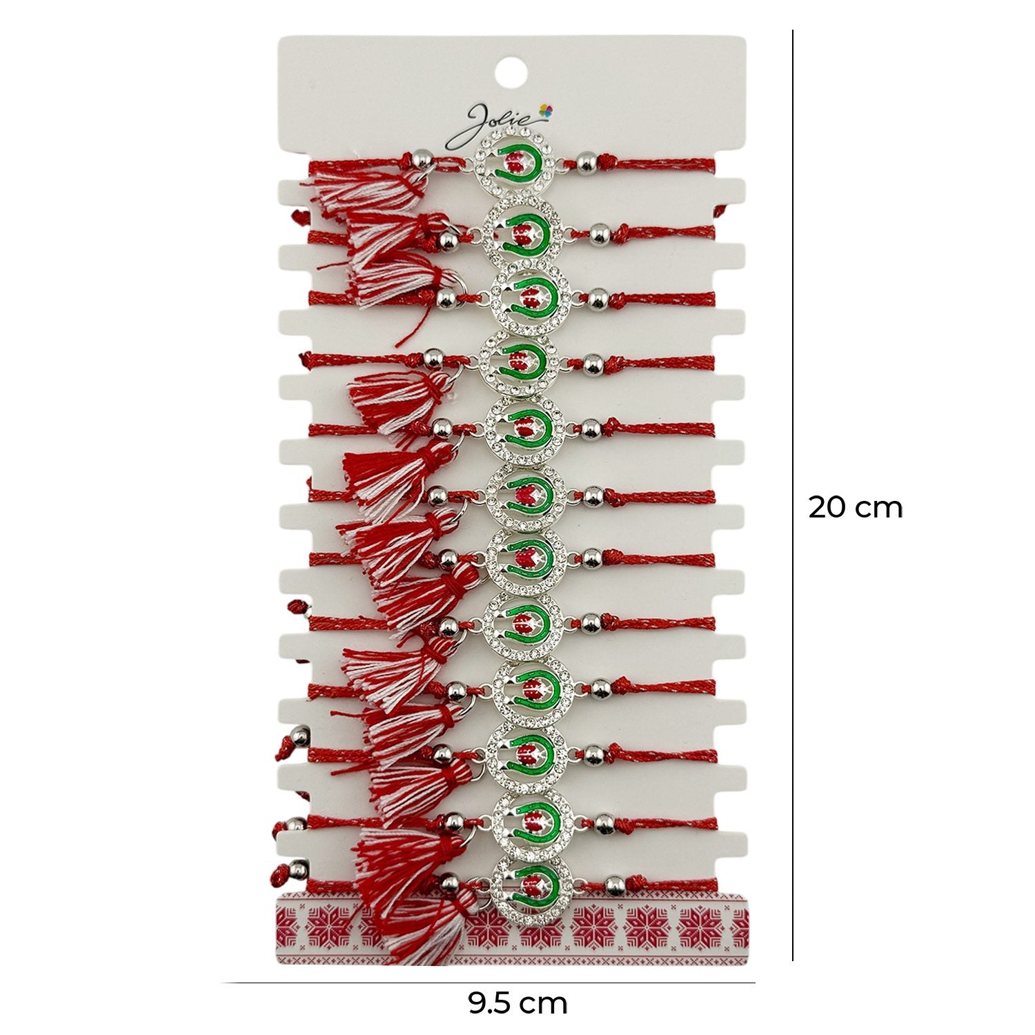 Martisor Bratara cu Ciucure pentru Dama, Jolie, Model Potcoava cu Buburuza in Cerc, Set 12 bucati, Pandativ din Inox cu